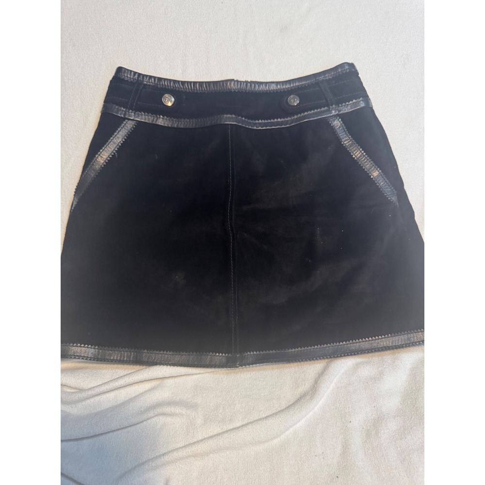 Red Valentino Black Suede Mini Skirt Leather Trim Bow Buttons A-Line Luxury